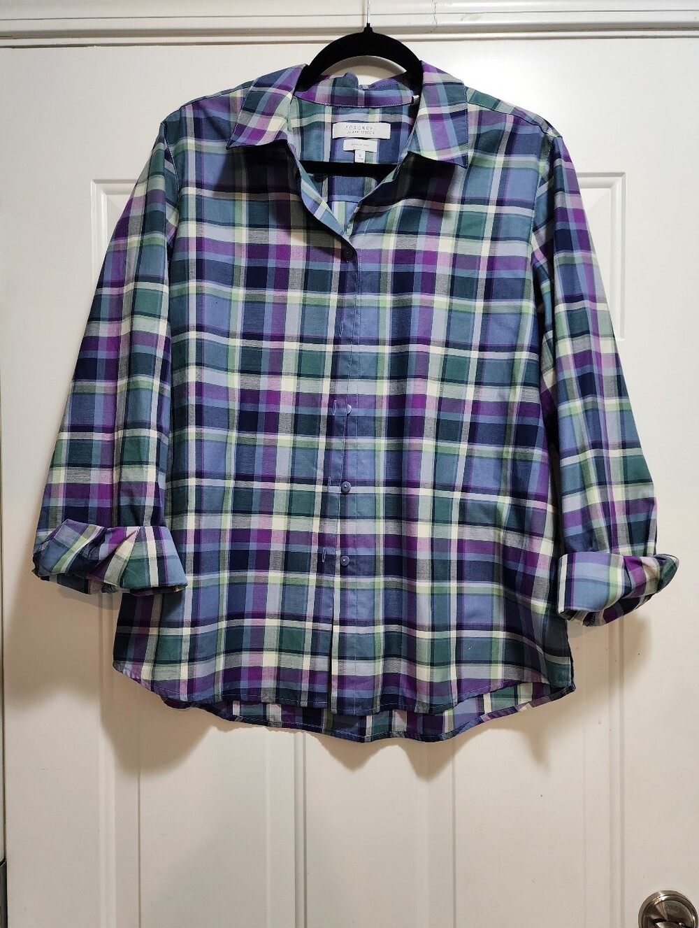 Foxcroft Blue Purple Tartan Plaid Button Down Shirt Long Sleeve Size 16 EUC